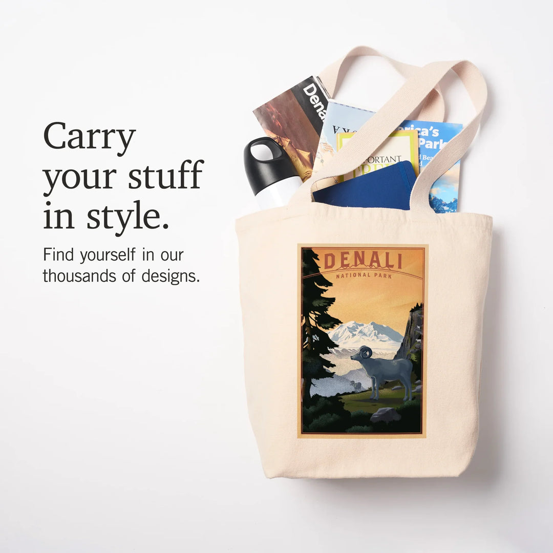 Denali National Park, Alaska, Dall Sheep and Mountain, Lithograph National Park Series, Tote Bag