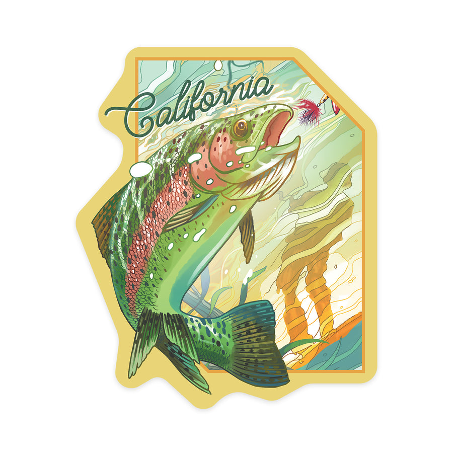 California, Fishing, Underwater Trout, Contour, Vinyl Sticker - Lantern Press