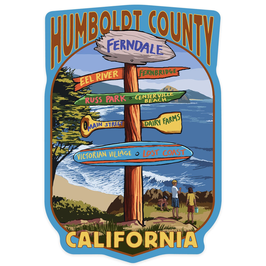 Ferndale, California, Humboldt County, Destination Signpost, Contour, Lantern Press Artwork, Vinyl Sticker Sticker Lantern Press 