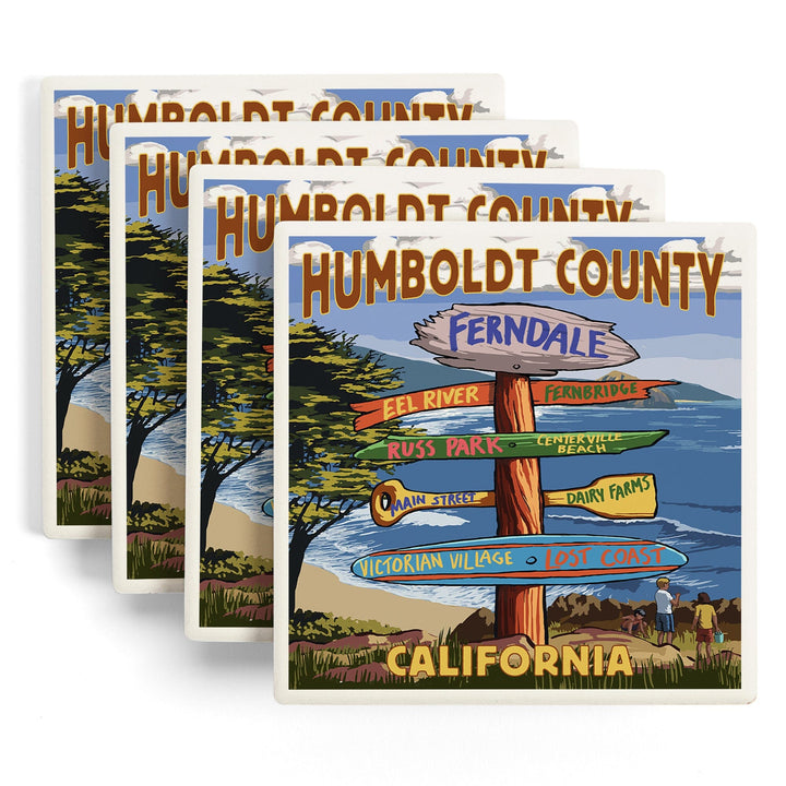 Ferndale, California, Humboldt County, Destination Signpost, Lantern Press Artwork, Coaster Set - Lantern Press