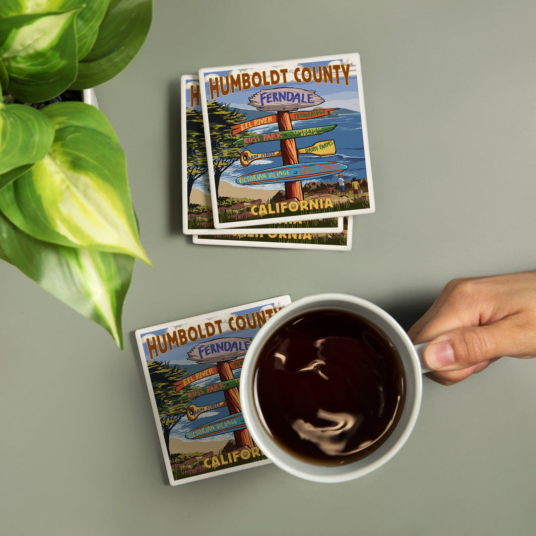 Ferndale, California, Humboldt County, Destination Signpost, Lantern Press Artwork, Coaster Set - Lantern Press