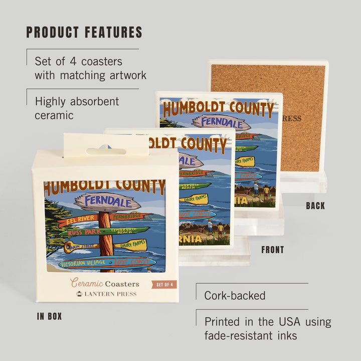 Ferndale, California, Humboldt County, Destination Signpost, Lantern Press Artwork, Coaster Set - Lantern Press