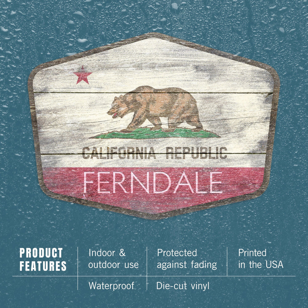 Ferndale, California, Rustic California State Flag, Contour, Vinyl Sticker - Lantern Press