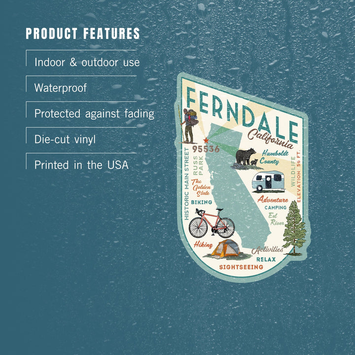 Ferndale, California, Typography and Icons, Contour, Vinyl Sticker - Lantern Press