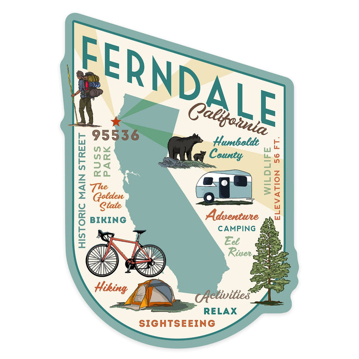 Ferndale, California, Typography and Icons, Contour, Vinyl Sticker - Lantern Press