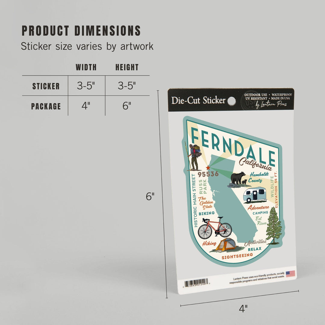 Ferndale, California, Typography and Icons, Contour, Vinyl Sticker - Lantern Press