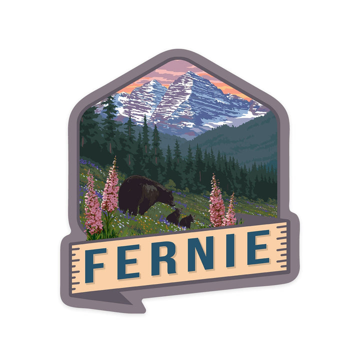 Fernie, British Columbia, Canada, Bear and Spring Flowers, Contour, Vinyl Sticker - Lantern Press