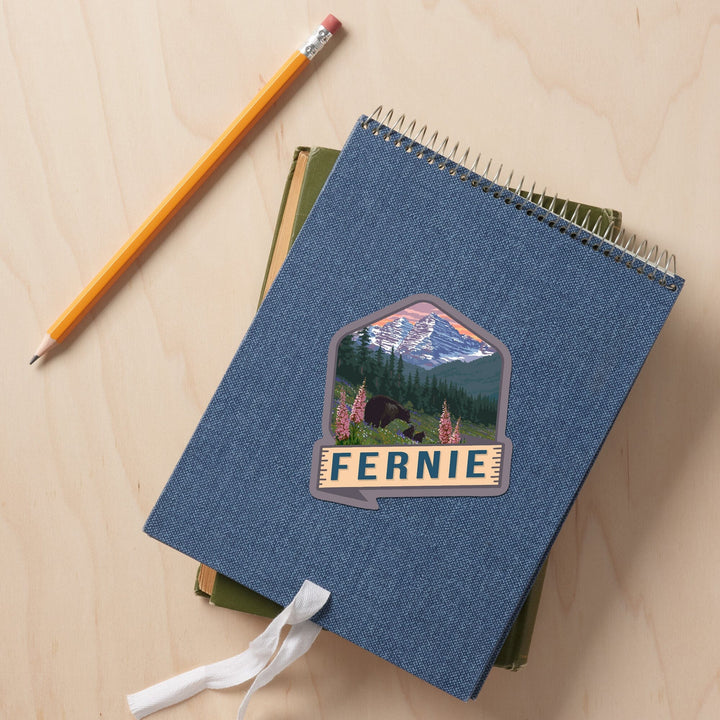 Fernie, British Columbia, Canada, Bear and Spring Flowers, Contour, Vinyl Sticker - Lantern Press