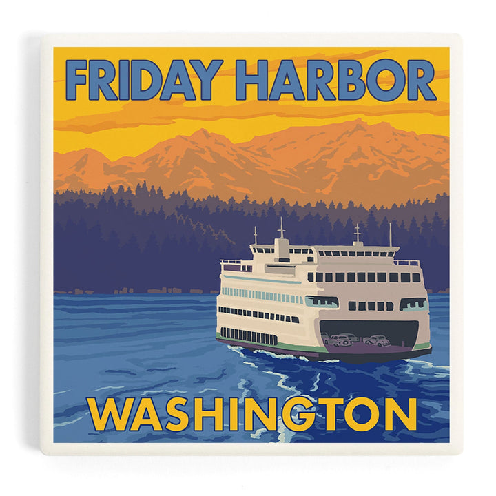 Ferry and Mountains, Friday Harbor, Washington, Coasters Coasters Lantern Press 