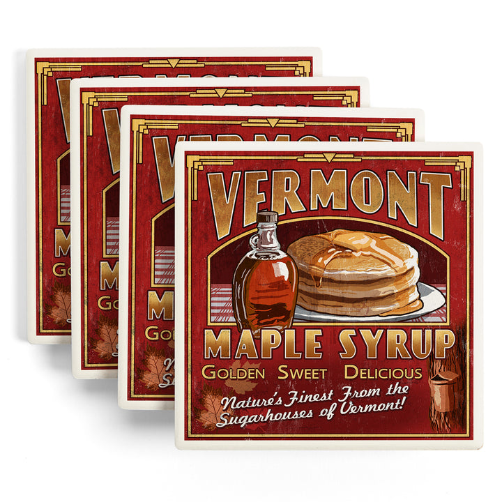 Vermont, Maple Syrup Vintage Sign, Lantern Press Artwork, Coaster Set
