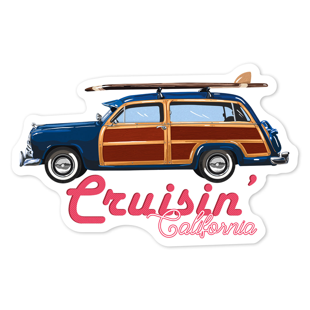 Cruisin' California, Retro Woody & Surfboard, Contour, Lantern Press Artwork, Vinyl Sticker