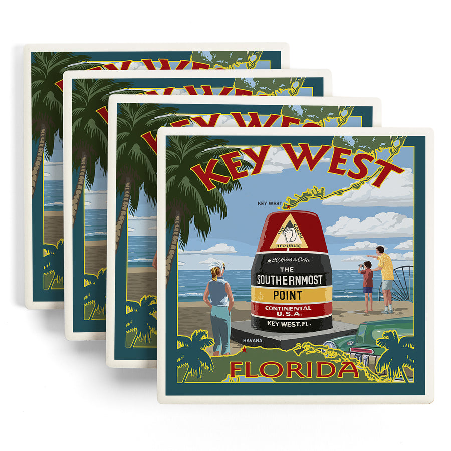 Key West, Florida, Southernmost Point, Lantern Press Artwork, Coaster Set
