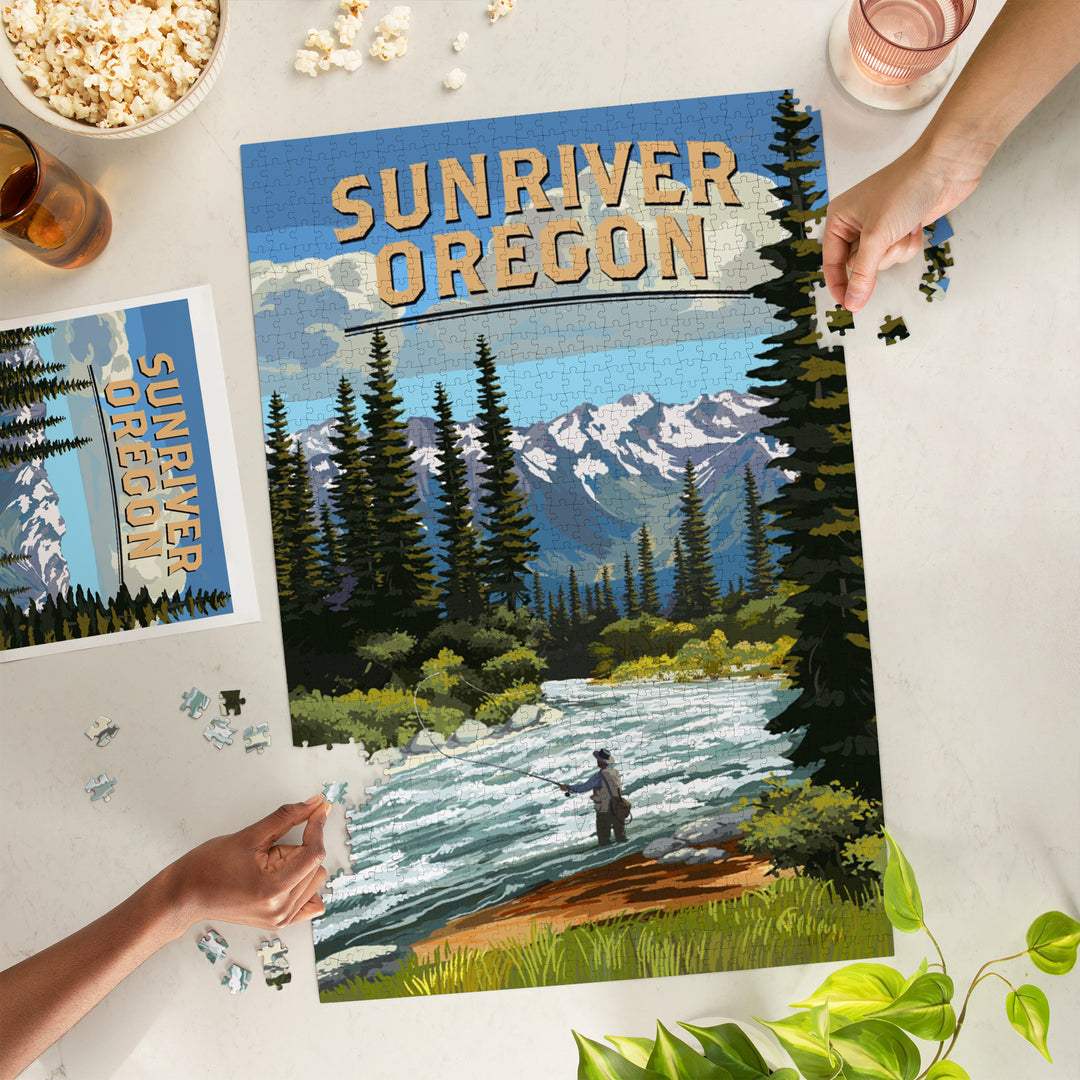 Sunriver, Oregon, Painterly, Angler and River Rapids, Jigsaw Puzzle