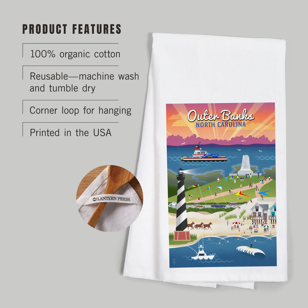 Outer Banks, North Carolina, Retro Scenes, Organic Cotton Kitchen Tea Towels
