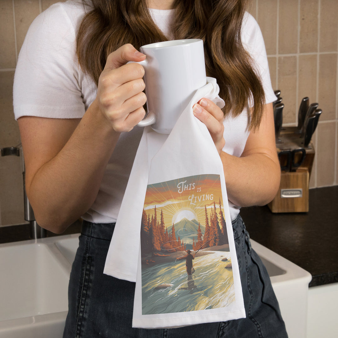 This is Living, Fishing with Mountain, Organic Cotton Kitchen Tea Towels