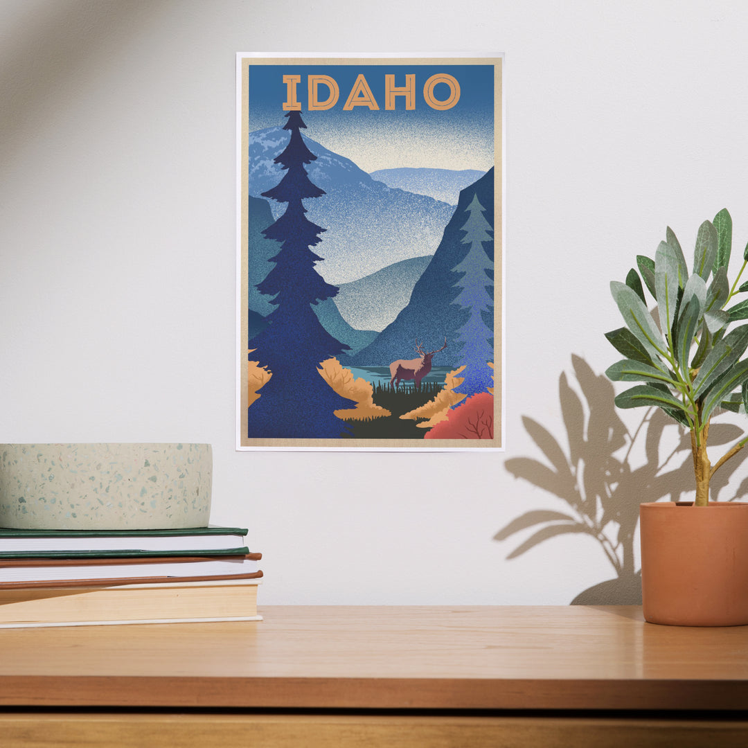 Idaho, Elk and Mountain Scene, Lithograph, Art & Giclee Prints