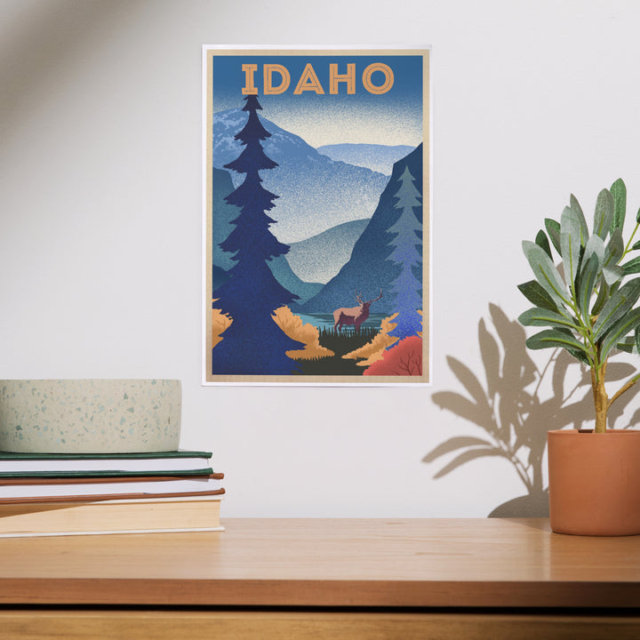 Idaho, Elk and Mountain Scene, Lithograph, Art & Giclee Prints