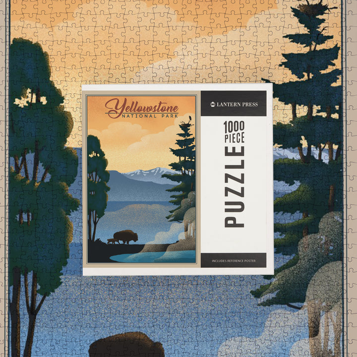 Yellowstone National Park, Bison and Lake, Lithograph National Park Series, Jigsaw Puzzle