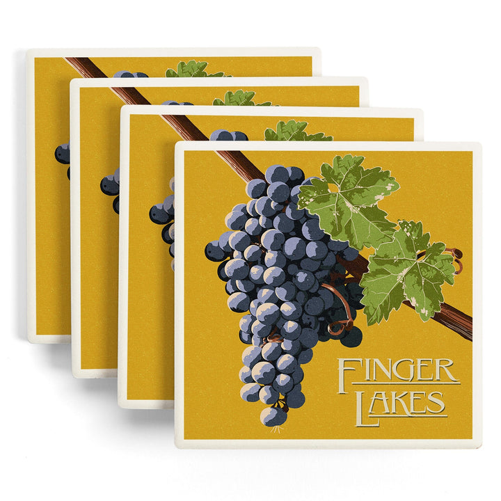 Finger Lakes, New York, Wine Grapes, Letterpress, Lantern Press Artwork, Coaster Set - Lantern Press