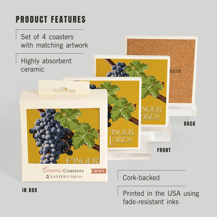 Finger Lakes, New York, Wine Grapes, Letterpress, Lantern Press Artwork, Coaster Set - Lantern Press