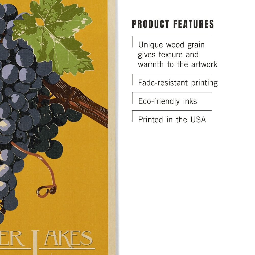 Finger Lakes, New York, Wine Grapes, Letterpress, Lantern Press Artwork, Wood Signs and Postcards - Lantern Press