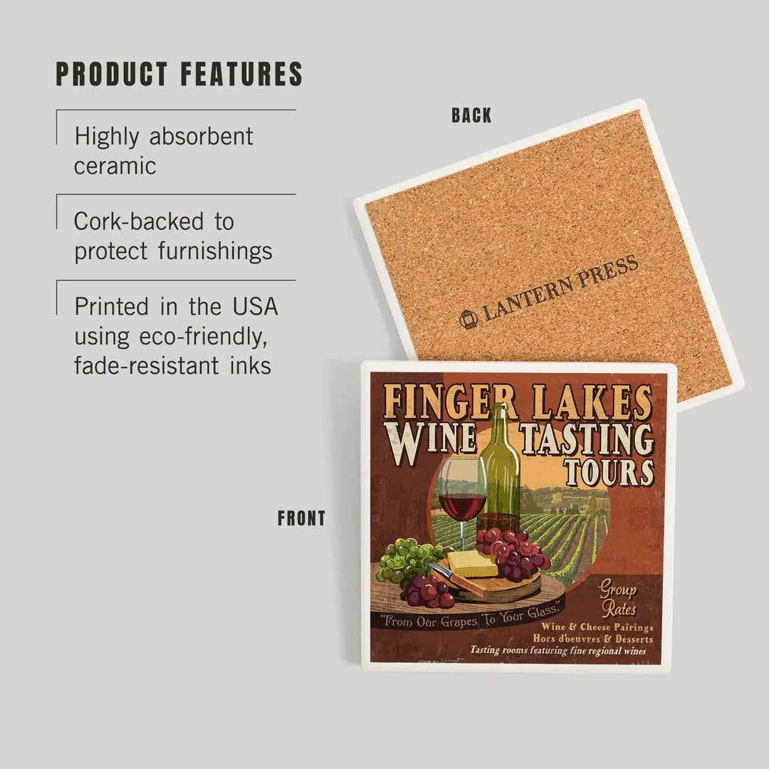 Finger Lakes, New York, Wine Tasting Vintage Sign, Coasters Coasters Lantern Press 