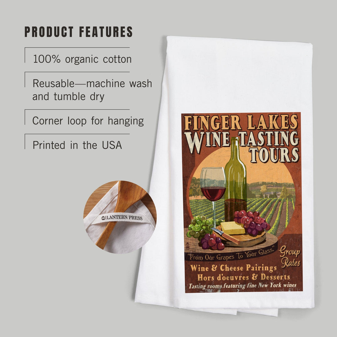 Finger Lakes, New York, Wine Tasting Vintage Sign, Organic Cotton Kitchen Tea Towels Kitchen Lantern Press 