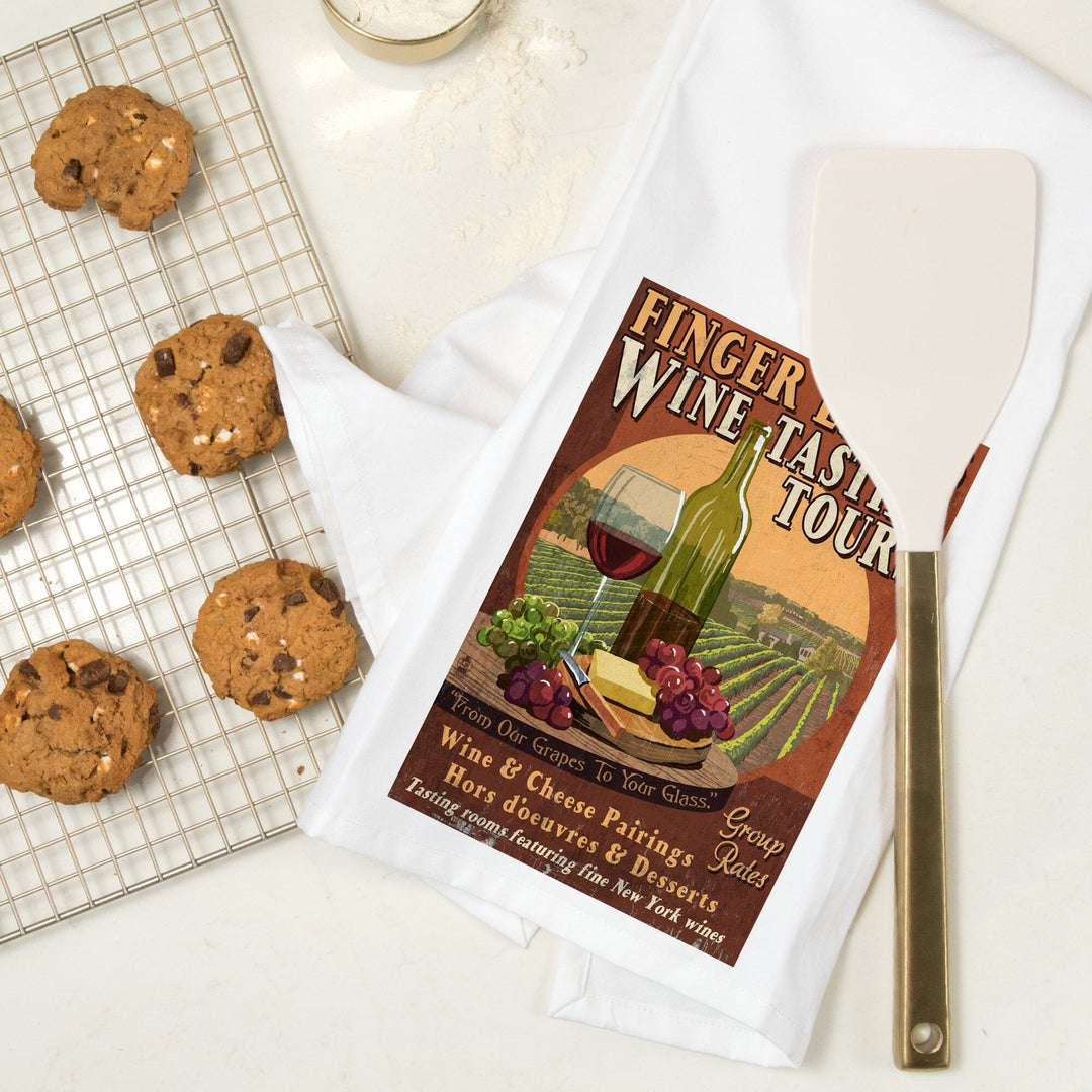 Finger Lakes, New York, Wine Tasting Vintage Sign, Organic Cotton Kitchen Tea Towels Kitchen Lantern Press 