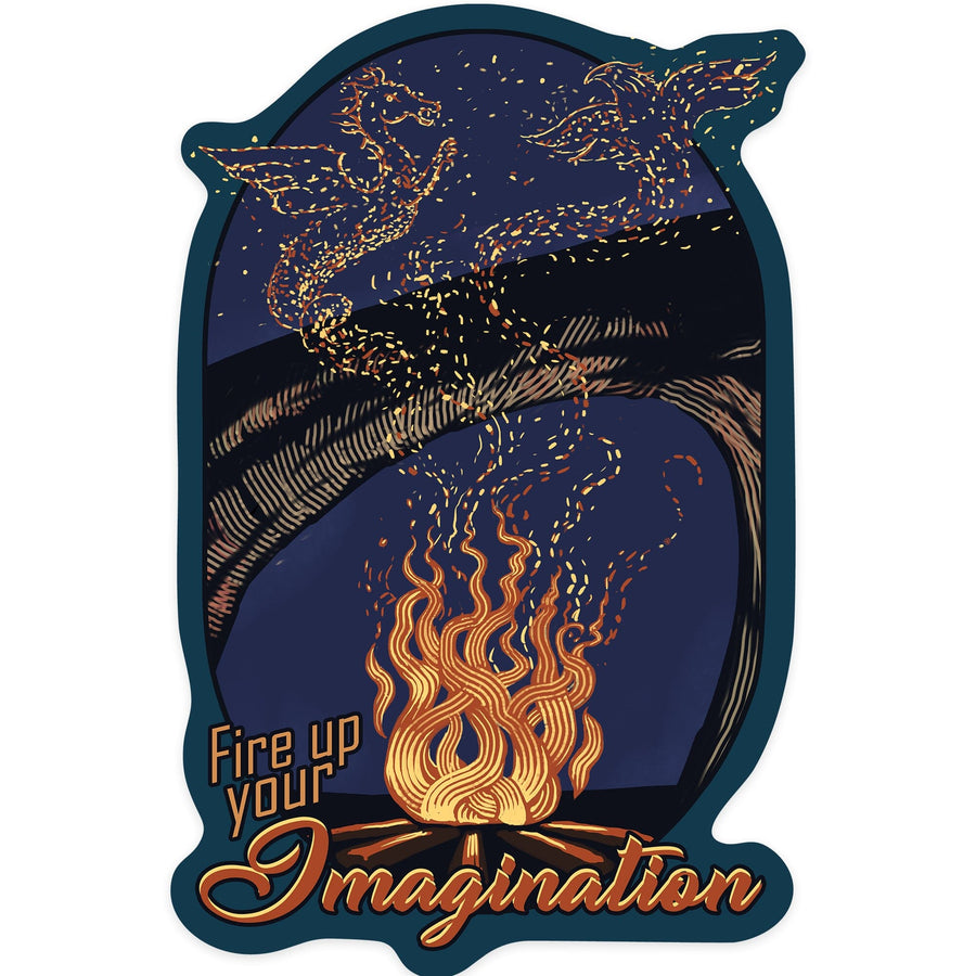 Fire Up Your Imagination, Night Sky, Campfire with Dragon & Phoenix, Contour, Lantern Press Artwork, Vinyl Sticker Sticker Lantern Press 