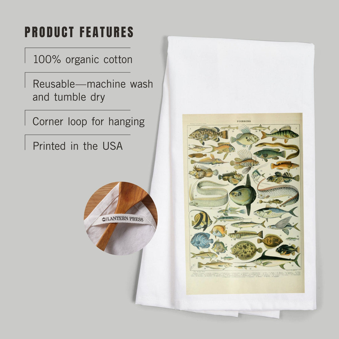 Fish, A, Vintage Bookplate, Adolphe Millot Artwork, Organic Cotton Kitchen Tea Towels Kitchen Lantern Press 