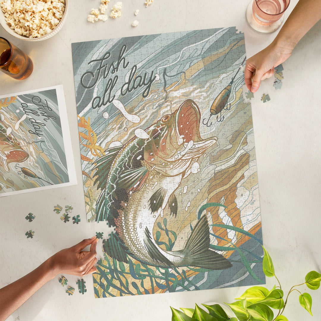 Fish All Day, Bass, Jigsaw Puzzle - Lantern Press