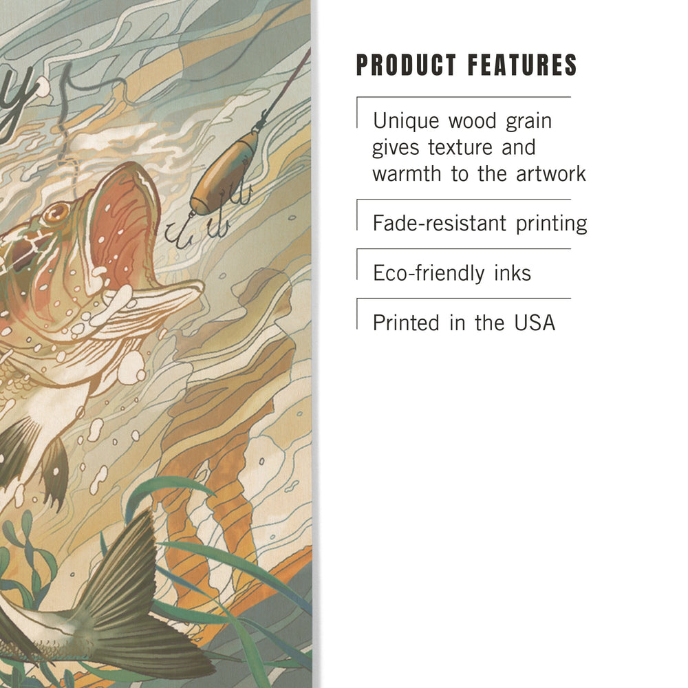 Fish All Day, Bass, Wood Signs and Postcards Wood Lantern Press 