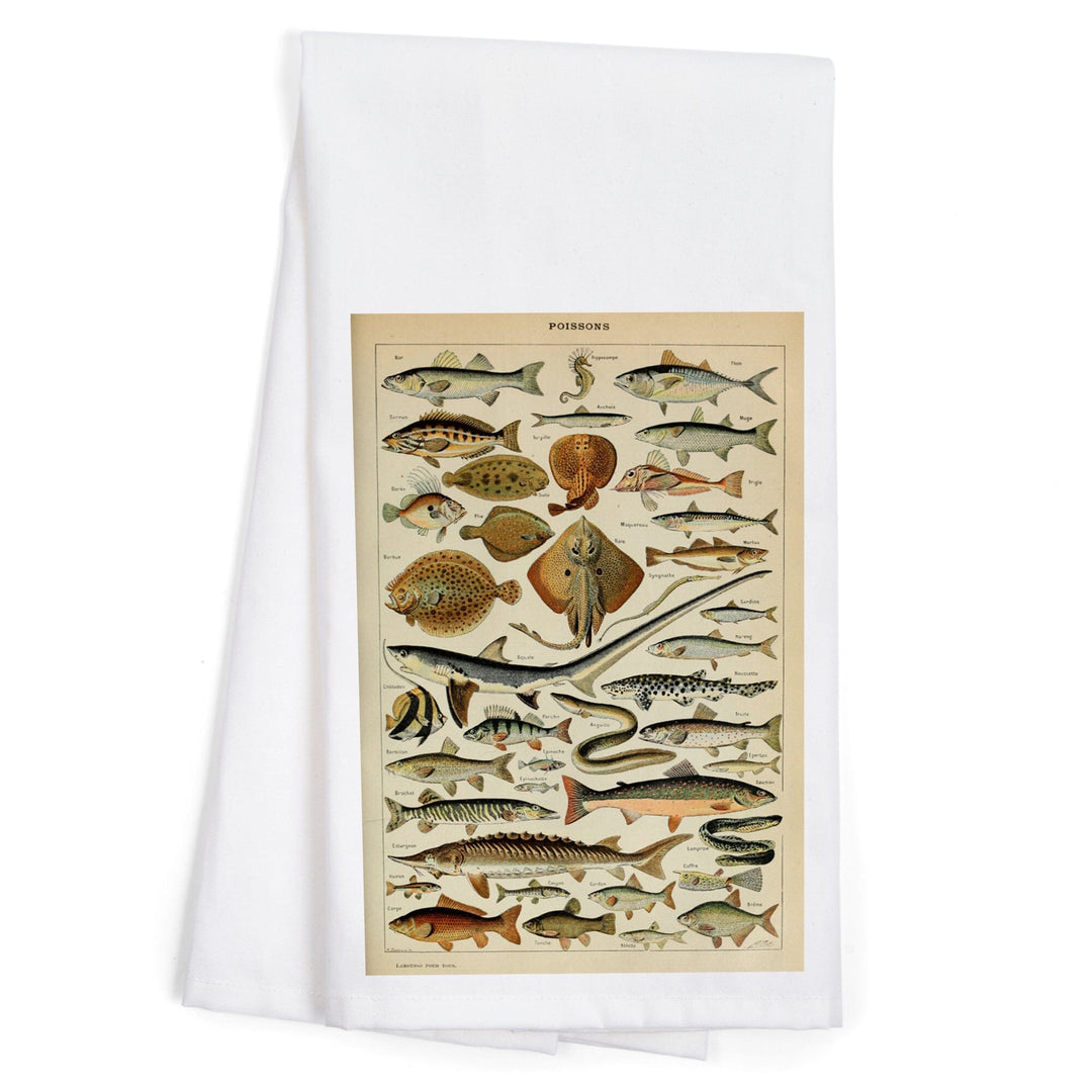 Fish, C, Vintage Bookplate, Adolphe Millot Artwork, Organic Cotton Kitchen Tea Towels Kitchen Lantern Press 