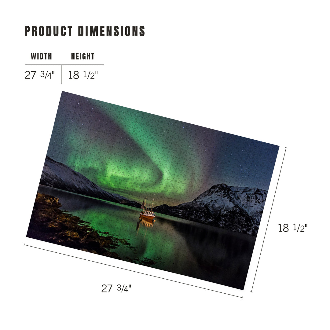 Fishing Boat on Lake and Northern Lights, Jigsaw Puzzle Puzzle Lantern Press 