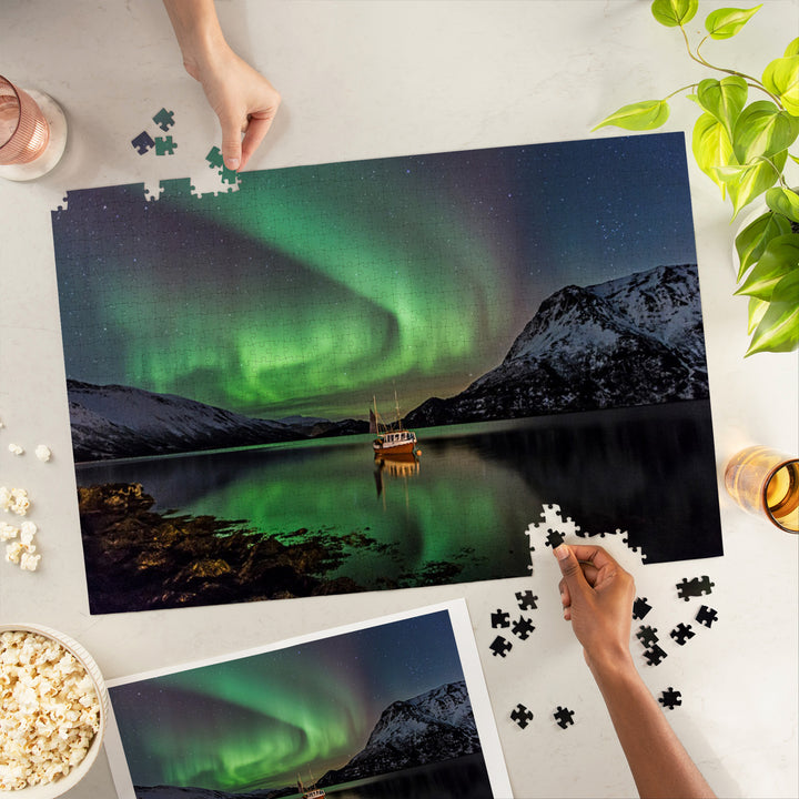 Fishing Boat on Lake and Northern Lights, Jigsaw Puzzle Puzzle Lantern Press 