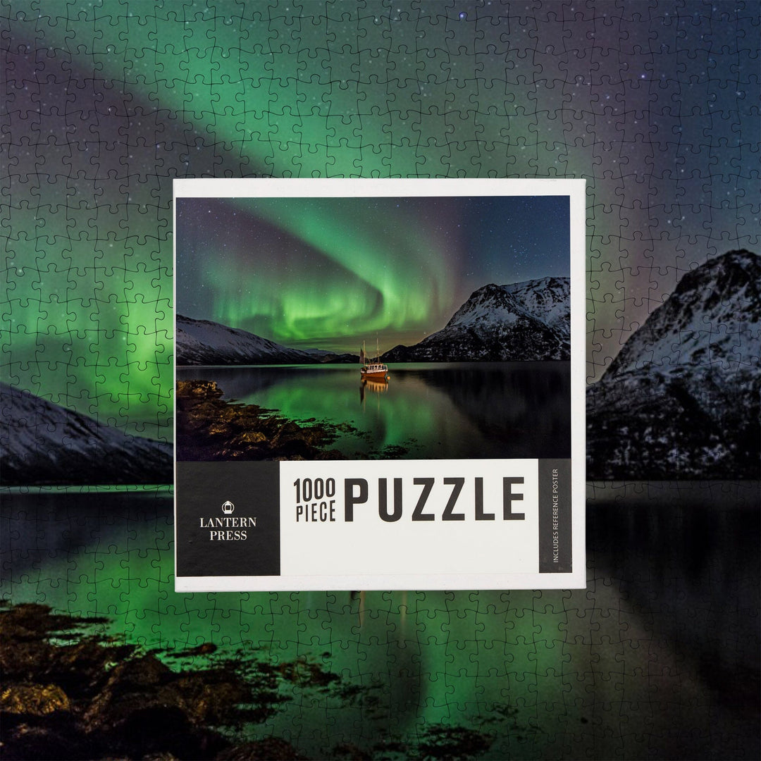 Fishing Boat on Lake and Northern Lights, Jigsaw Puzzle Puzzle Lantern Press 