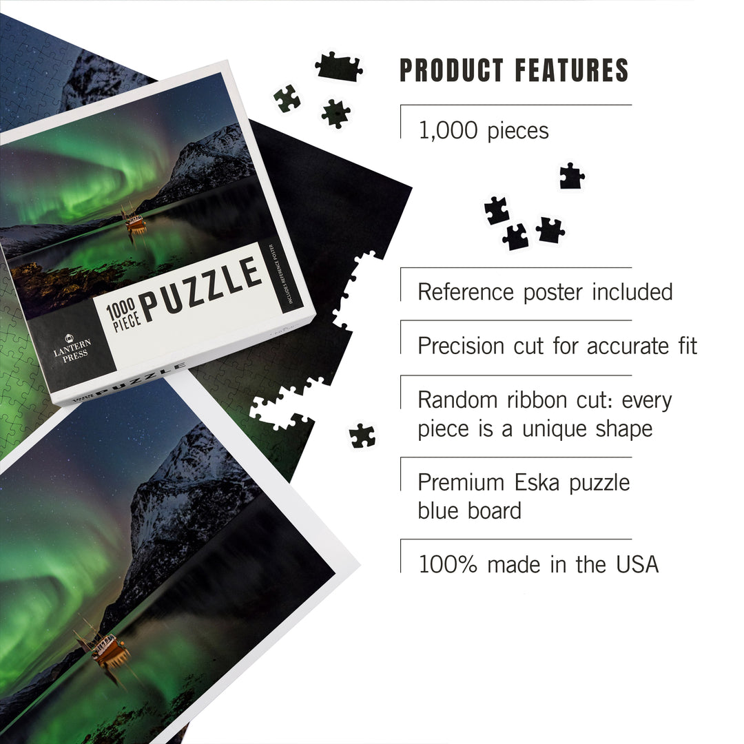 Fishing Boat on Lake and Northern Lights, Jigsaw Puzzle Puzzle Lantern Press 