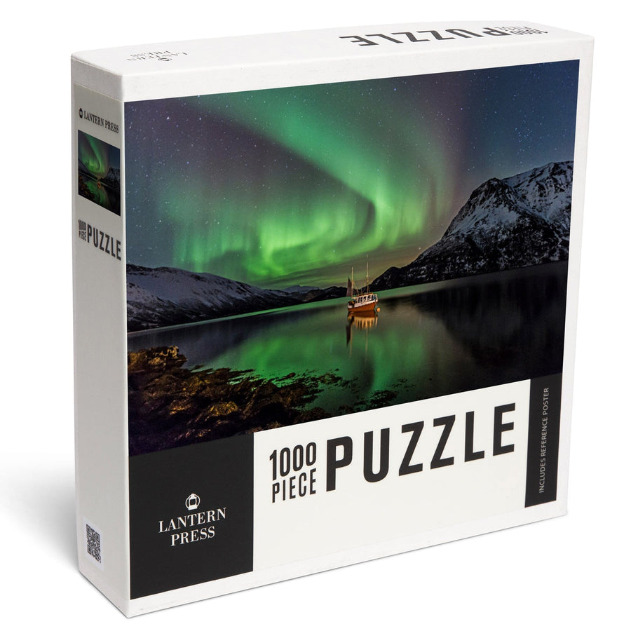 Fishing Boat on Lake and Northern Lights, Jigsaw Puzzle Puzzle Lantern Press 