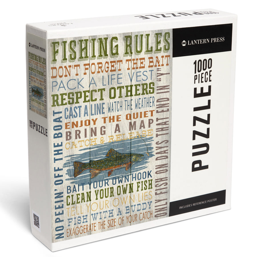 Fishing Rules, Rustic Typography, Jigsaw Puzzle Puzzle Lantern Press 