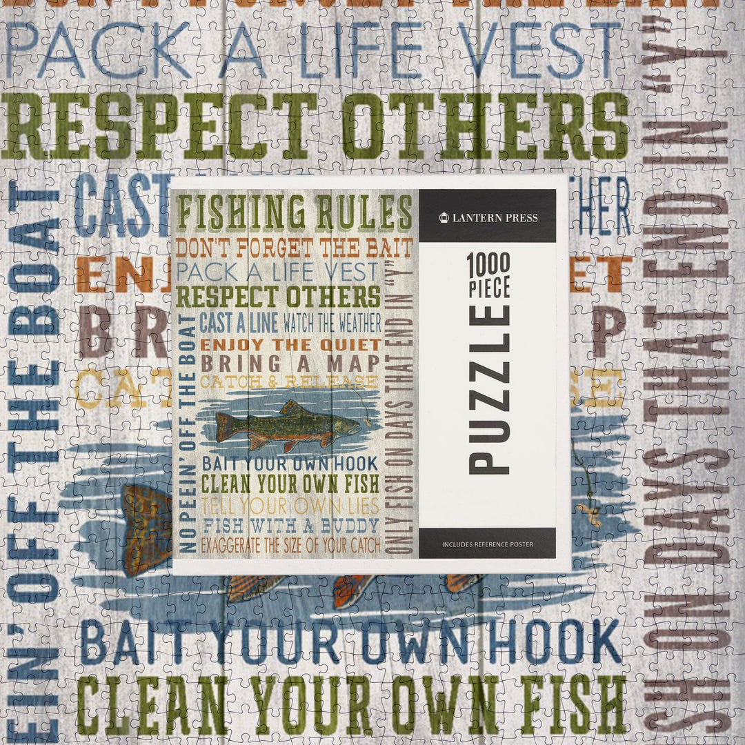 Fishing Rules, Rustic Typography, Jigsaw Puzzle Puzzle Lantern Press 