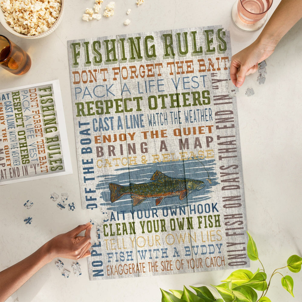 Fishing Rules, Rustic Typography, Jigsaw Puzzle Puzzle Lantern Press 