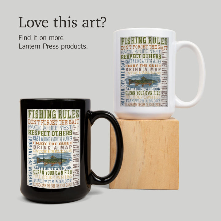 Fishing Rules, Rustic Typography, Lantern Press Artwork, Ceramic Mug Mugs Lantern Press 