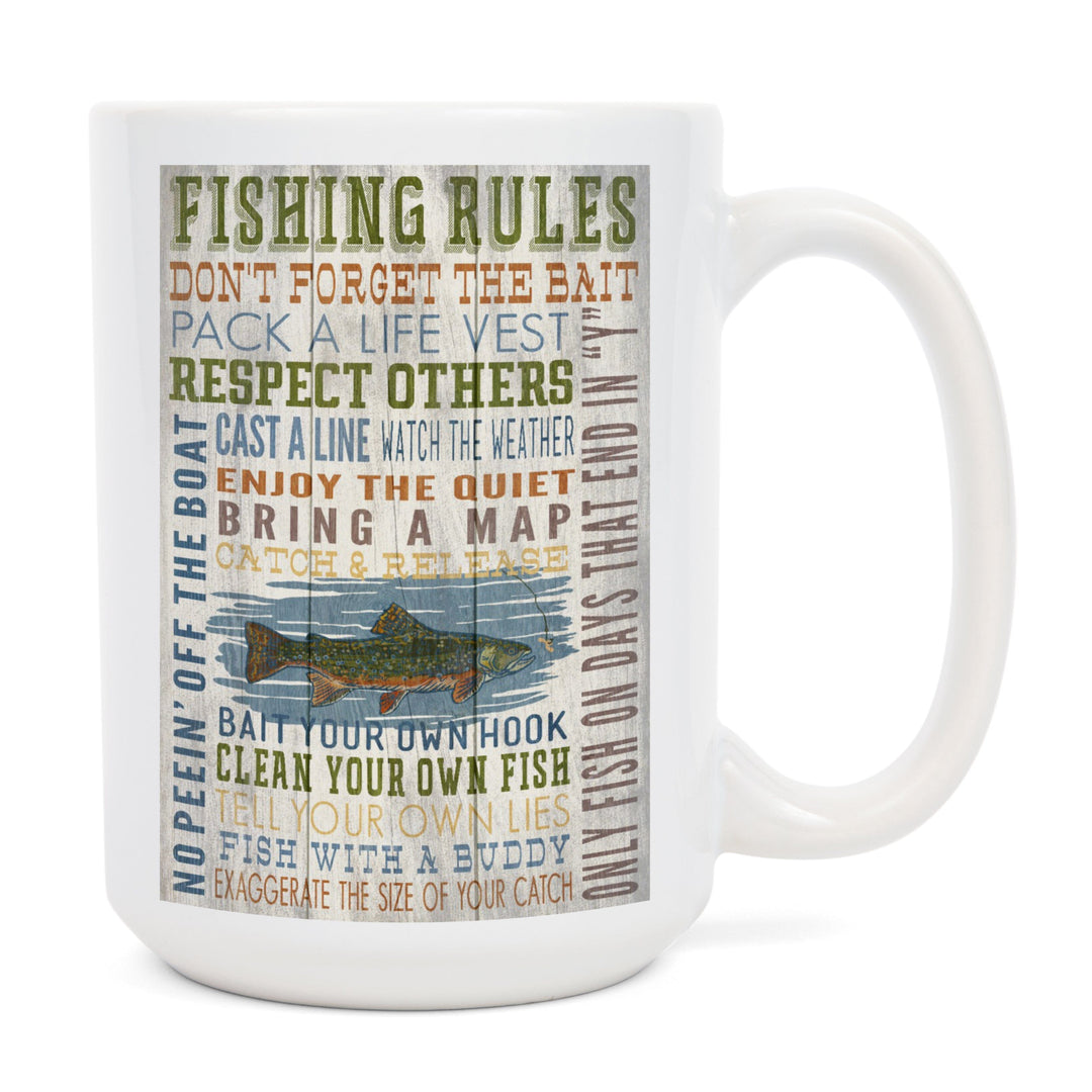 Fishing Rules, Rustic Typography, Lantern Press Artwork, Ceramic Mug Mugs Lantern Press 