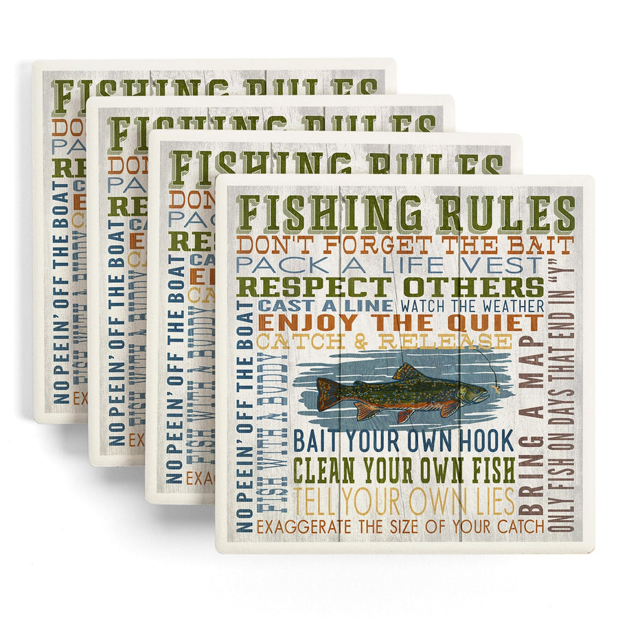 Fishing Rules, Rustic Typography, Lantern Press Artwork, Coaster Set - Lantern Press