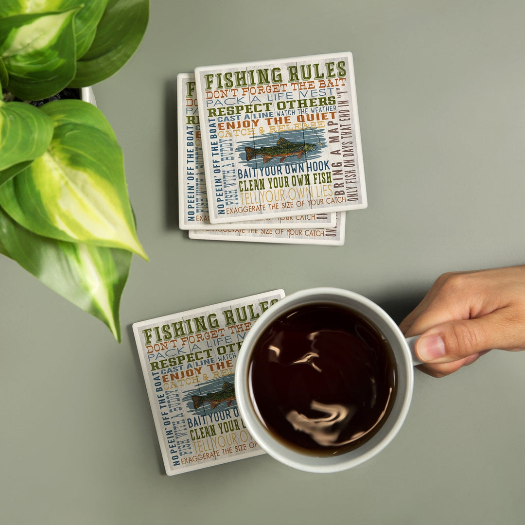 Fishing Rules, Rustic Typography, Lantern Press Artwork, Coaster Set - Lantern Press