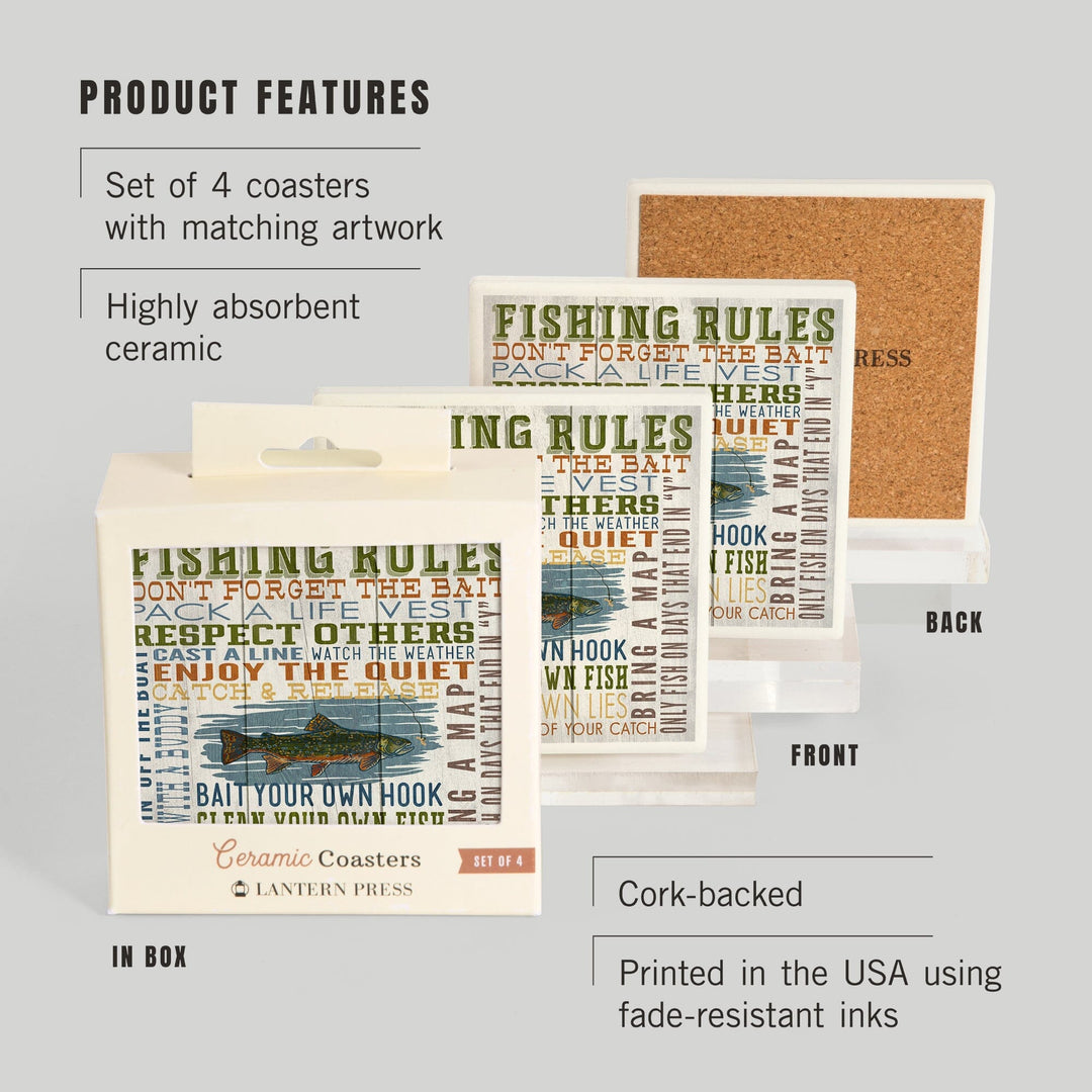 Fishing Rules, Rustic Typography, Lantern Press Artwork, Coaster Set - Lantern Press