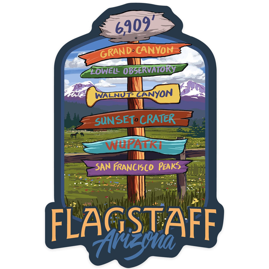 Flagstaff, Arizona, Destination Signpost, Contour, Lantern Press Artwork, Vinyl Sticker Sticker Lantern Press 