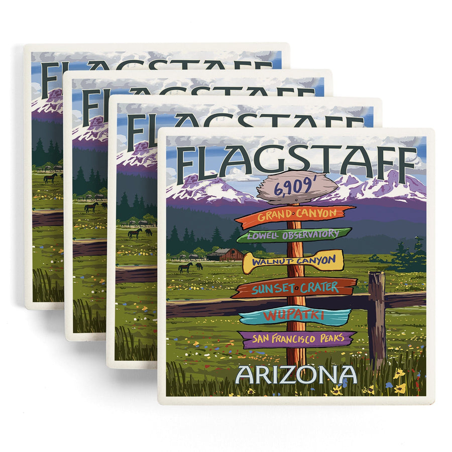 Flagstaff, Arizona, Destination Signpost, Lantern Press Artwork, Coaster Set - Lantern Press