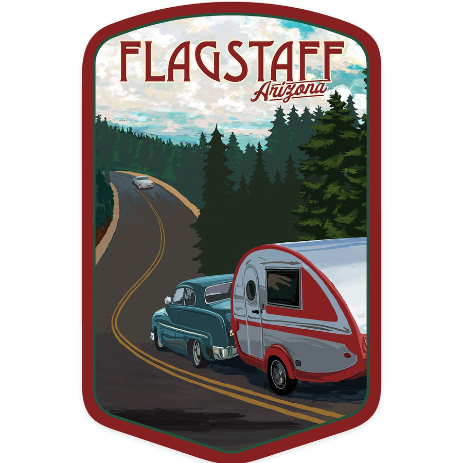 Flagstaff, Arizona, Retro Camper on Road, Contour, Vinyl Sticker Sticker Lantern Press 