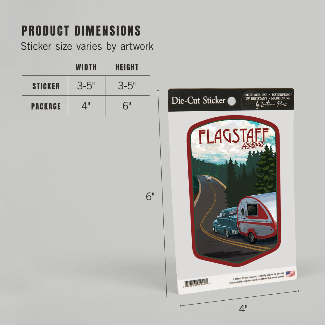 Flagstaff, Arizona, Retro Camper on Road, Contour, Vinyl Sticker Sticker Lantern Press 